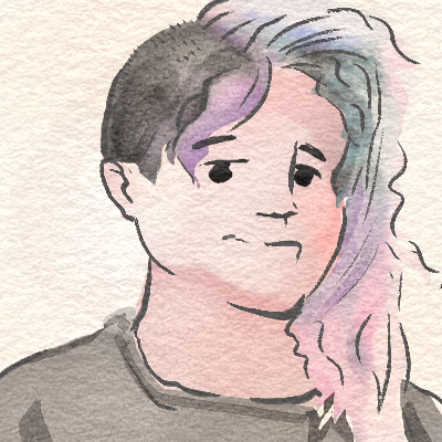 A green haired femme person with lavender skin