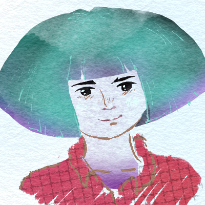 A green haired femme person with lavender skin